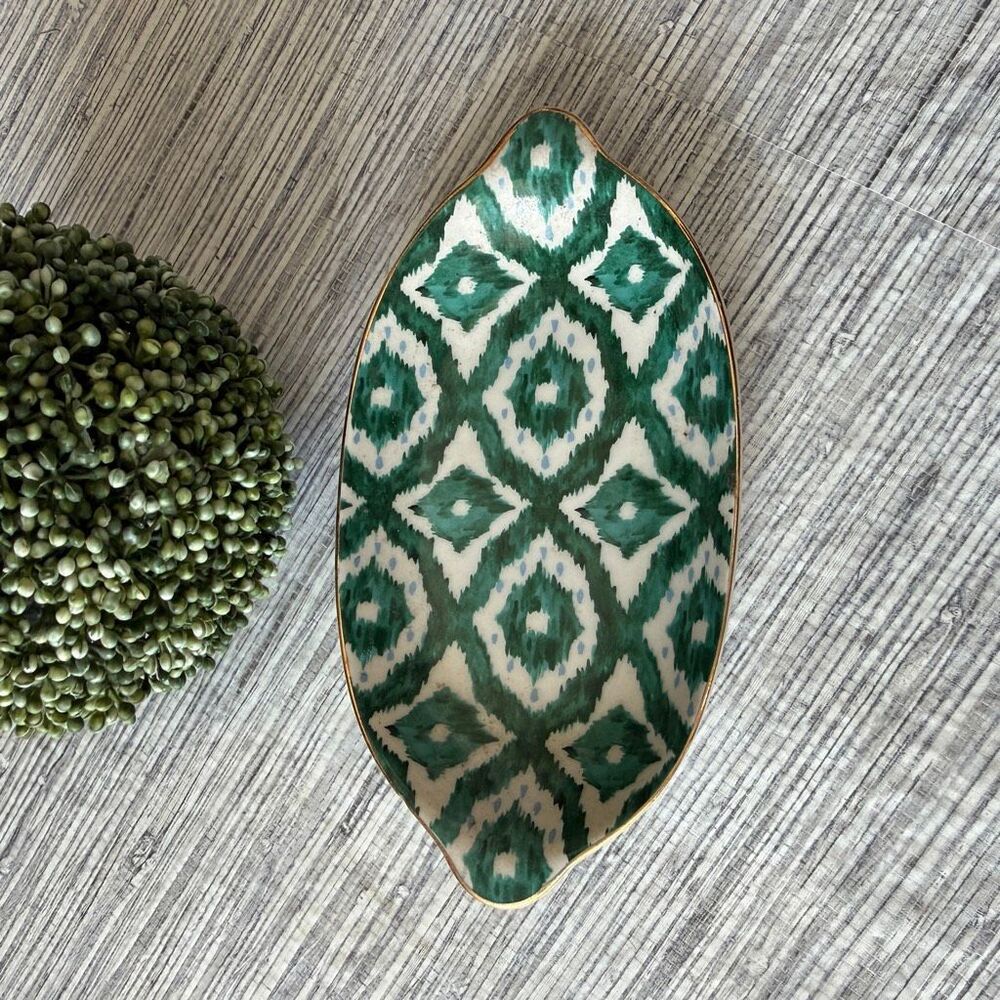 Anthropologie Green Ikat Porcelain Trinket Dish Gold Rim Leaf Ceramic Tray